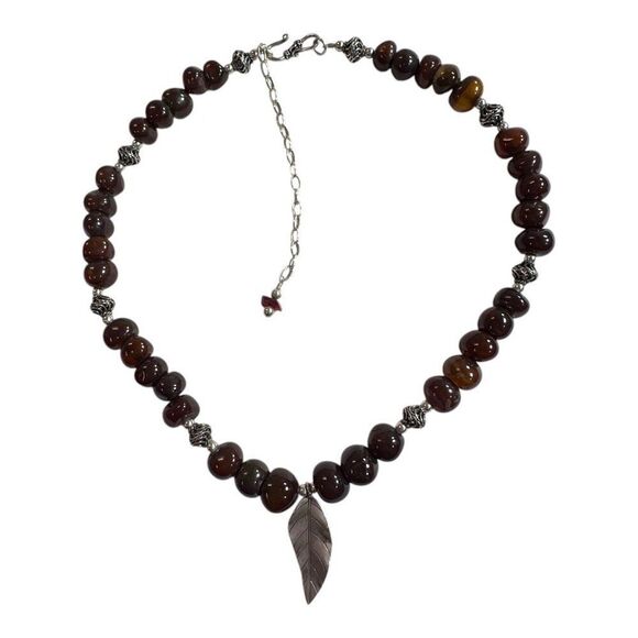 Vintage Sterling Lucite Brown Beaded Necklace Silver Leaf Pendant & Hook Clasp - Picture 9 of 10